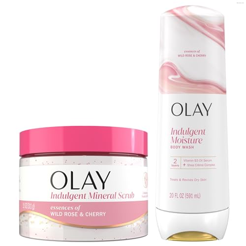 Image of Olay Body Indulgent Mineral Scrub & Body Wash Bundle for Women, Wild Rose & Cherry Creme Scent, Skin Exfoliating & Massaging Pearls, Moisturizing & Nourishing Formula, Luxurious Fragrances (Pack of 2)