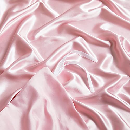 Image of NSGZ Satin Duvet Cover for Weighted Blanket, 60x80, 8 Ties, Pink | 8 Ties And Zipper For Secure Fit, Cooling Satin Gentle On Skin, Machine Washable, Fits 48x72 And 60x80 Weighted Blankets