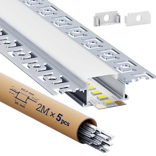 GEEKLUX 5 x LED Trockenbauprofil für led leiste 2 m (10 m) Led Profil für Stripes bis 25 mm Breite oder Zwei Stripes led schiene Mit Halbtransparentem PC Diffusor Maße: 64 2 x 13 8 mm