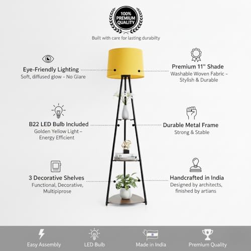 Image of Tripod Metal Floor Lamp with Shelves Stylish Standing Lamp for Living Room Decoration Bedroom Corner Stand Aesthetic Home Decor (Fresh Yellow) LED Bulb Included