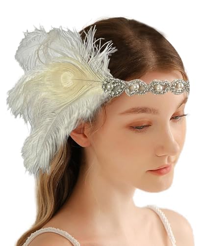 changyexi 1920s Headband White Feather Flapper Headpiece for Women, Roaring 20s Great Gatsby Hair Accessories, Pearl and Rhinestone Detailing