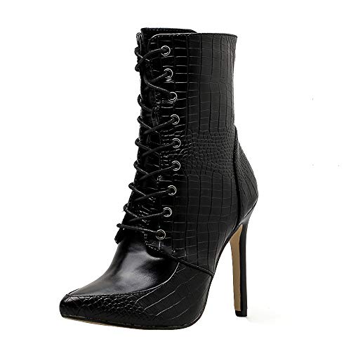 Preisvergleich Produktbild Stiefel Damen, LANSKIRT Frauen Stiefeletten High Heels mit Pfennigabsatz Nieten Schlangenhaut hochhackige Stiefel Sexy dünne Fersen Bandage Boots