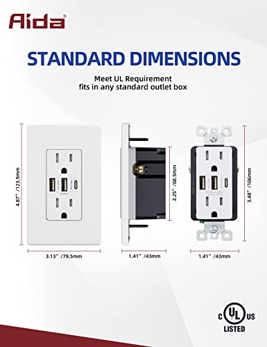 Aida Usb C Outlet Receptacle, 30W 6.0Amp Type A And Type C Fast Charge Usb Outlets With 15Amp Tamper Resistant Wall Outlet ( White, 4 Pack ) #TOP6