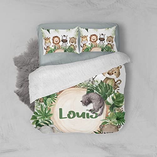 Xiucoo Personalized Adorable Jungle Safari Animals Bedding Set With Name Custom Kids Children's Room 3 Pcs Twin Size Duvet Cover Sets Student Gift #TOP2