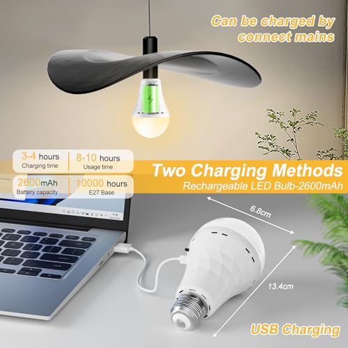 E27 LED Glühbirne 2Stück USB Rechargeable 2600mAh Lampe Warmweiss&Kaltweiss Dimmbar mit Fernbedienung,Timer Lampen E27-Sockel&Wiederaufladbare Dual-Purpose mit Haken für Tischlampe,Pendellampe,Camping – Bild 6