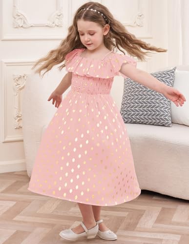 GRACE KARIN Girls Off Shoulder Dress Sleeveless Ruffle Spaghetti Straps Smocked A-Line Chiffon Dress 5-14Y2