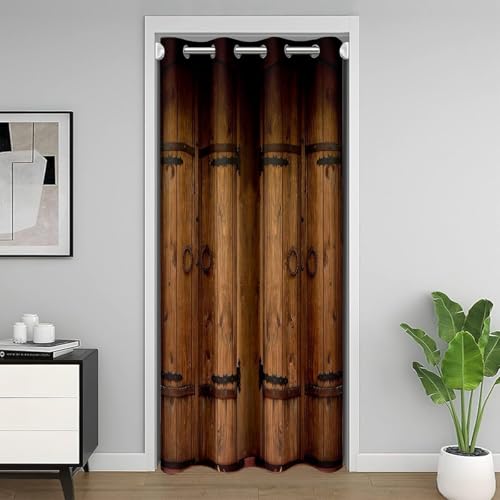 Loussiesd Brown Wooden Door Curtain 106X203Cm Farmhouse Country Door Curtain Wardrobe Bedroom Living Room Shade Wooden Decoration Country Pattern