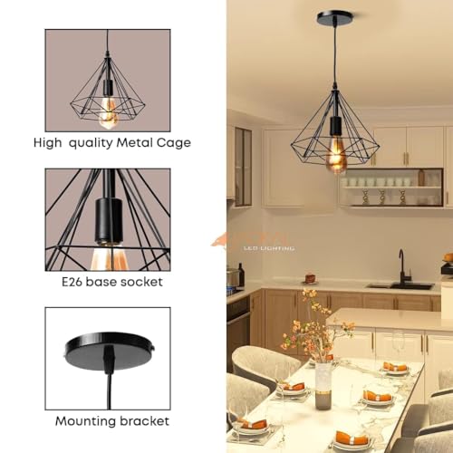 Image of JACKAL 2 Set Diamond Cluster Pendant Light | Hanging Ceiling Light with Braided Cord | Decorative Fancy Lights for Home, Living Room, Cafe, Restaurants & Bar (Black) Without Bulb