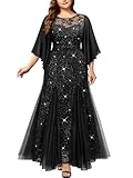 MISSMAY Women's Plus Size Elegant Butterfly Sleeve Chiffon Floral Sequin Lace Contrast Mesh Mermaid Hem Evening Party Long Dress (1XL, Black)