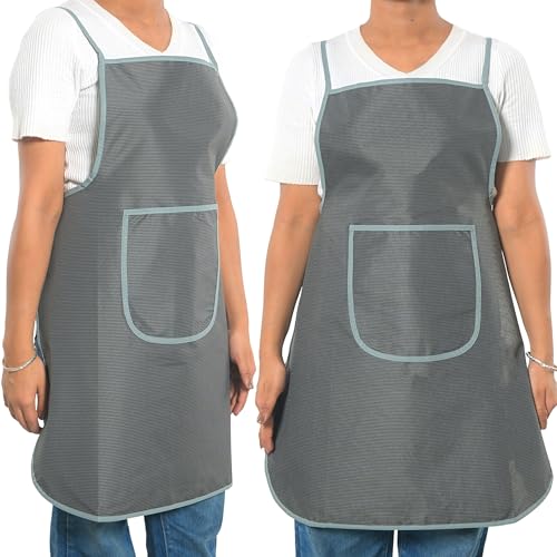 Image of Kuber Industries 2 Pcs PVC Waterproof Apron for Women & Men with Center Pocket | Machine Washable Kitchen Apron for Home, Grill & Restaurant | Mini Check Print - Grey