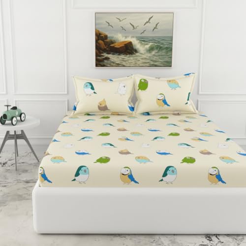 Image of LORETO - A QUALITY LINEN BRAND 186 TC 100% Pure Cotton King Size Fitted Bedsheet with 2 Pillow Covers for 78 x 72 Inch Mattress, All-Around Elastic, 8 Inch Deep Pocket, Multicolor Birds