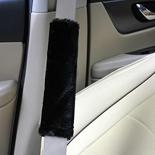 Image of Soft Faux Sheepskin Seat Belt Shoulder Pad, 2 Packs Black | Compatible with Adults Youth Kids, For Car, Truck, SUV, Airplane, Camera Backpack Straps, More Comfortable Driving