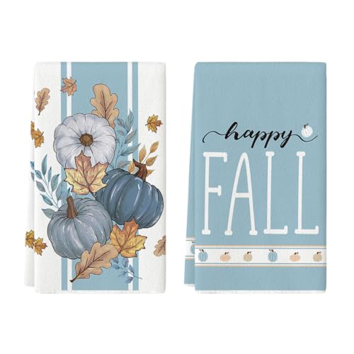 Artoid Mode Blue Stripes Pumpkin Happy Fall Kitchen Towels Dish Towels, 18x26 Inch Farmhouse Maple Leaves Decoration Hand Towels Set of 2