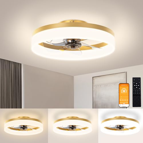 Image of VOLISUN Low Profile Ceiling Fans with Lights and Remote,15.7in Modern Ceiling Fan Flush Mount, 3000K-6500K Dimmable Bladeless LED Fan Light,Gold Fandelier Ceiling Fans with Lights for Bedroom