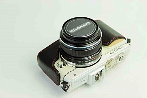 E-Pl7 Case, Bolinus Handmade Genuine Real Leather Half Camera Case Bag Cover For Olympus Pen E-Pl7 E-Pl8 Epl7 Bottom Opening Version + Hand Strap -Black #TOP4