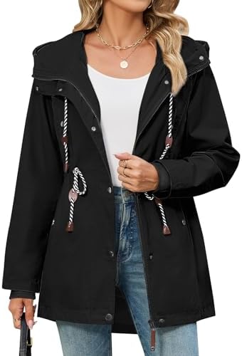 CMTOP Übergangsjacke Damen mit Kapuze Baumwolle Drawstring Übergangsmantel | Verstellbare Taille Parka,Winddichte Rippbündchen,Mehrfachtaschen,Slim Fit Vintage für Frühling Herbst