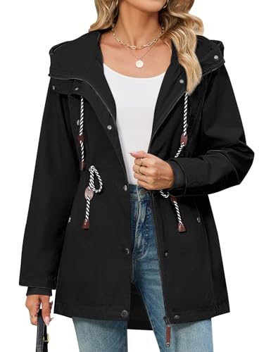 CMTOP Jackets For Women Casual Hooded Softshell Jacket Drawstring Zip Up Parka Lightweight Outdoor Windbreaker with Pockets Windproof Transition Coats for Spring Fall(Black, XXL)