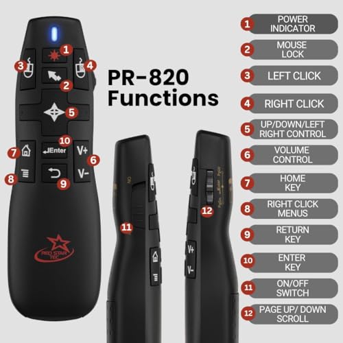 pr-820 wireless presentation clicker with laser pointer powerpoint clicker with air mouse remote for slideshows google slides keynote amp smartboards macpc compatible