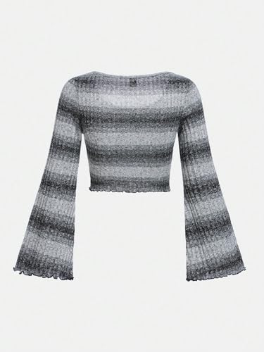 OYOANGLE Girl's Striped Print Long Flare Sleeve Scoop Neck Lettuce Trim Ribbed Knit Crop Tee Tops2