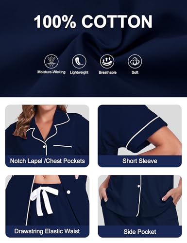 Image of COLORFULLEAF Women's 100% Cotton Pajamas Set Button Down Sleepwear Short Sleeve Shirt and Long Pants Soft Ladies Lounge Sets
