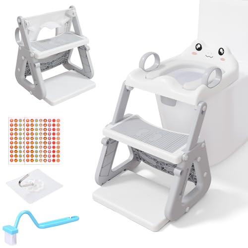 ZUSUZU Adaptador WC Niños con Escalera,Estabilizar Reductor Wc Niños con Estructura Triangular,Inodoro de Entrenamiento 3 en 1 para Niños,Cojín de PVC Impermeable,Antideslizante y Plegable,Gris