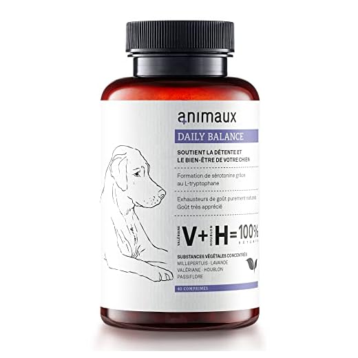 animaux® Daily Balance:Compléments Alimentaires pour Chiens. Cachets calmants en Cas de Stress. Vitamines, mélisse, valériane, houblon, millepertuis, Lavande, passiflore. 40 comprimés