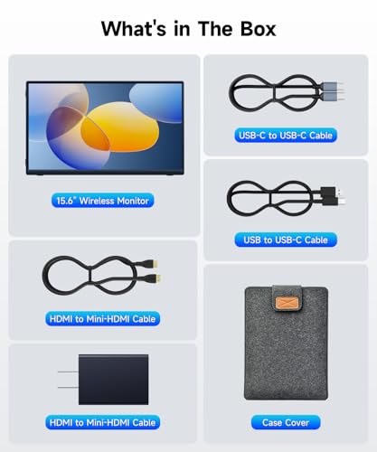Image of AYY 15.6 inch Wireless Portable Monitor with Battery, 1080P FHD IPS Screen, Auto-Rotate, External Display for Laptop, Phone, Tablet, PC, Switch, and Xbox