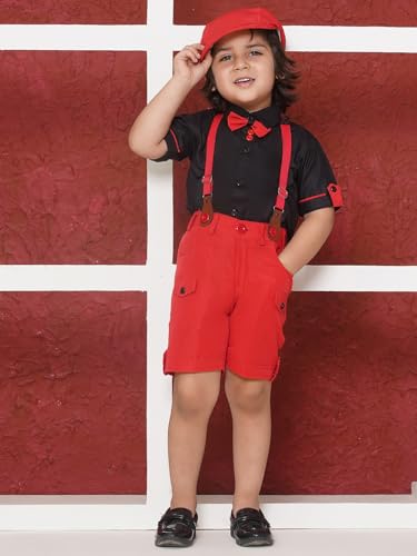 Image of AJ DEZINES Kids Clothing Cotton Blend Solid Shirt Shorts With Cap and Suspender Set For Boys