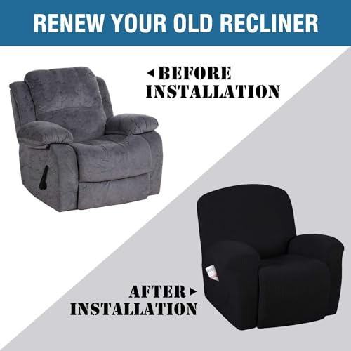 Image of H.VERSAILTEX Stretch Recliner Slipcovers 1-Piece Durable Soft High Stretch Jacquard Sofa Furniture Cover Form Fit Stretch Recliner Cover /Protector (Recliner, Black)