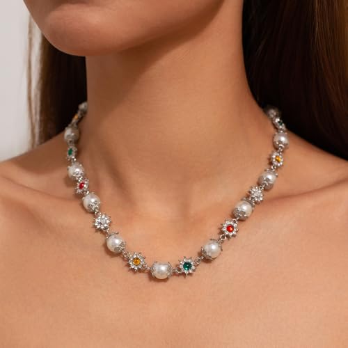 IOETSEUT Damen Halskette Schwester Halskette Elegante Imitation Perle Perlen Kette Halskette für Frauen Halsband Ehe Braut Goth Strass Halsband Party Schmuck Geschenke Neue Mädchen Geschenke