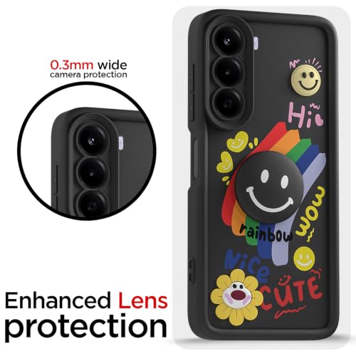 Image of Pikkme Back Cover for OnePlus Nord CE 6 Lite 5G | Soft Silicone| Cute Rainbow Smile & 3D Cartoon Flower Design | Shockproof Raised Camera Protection Bumper Case (Black)