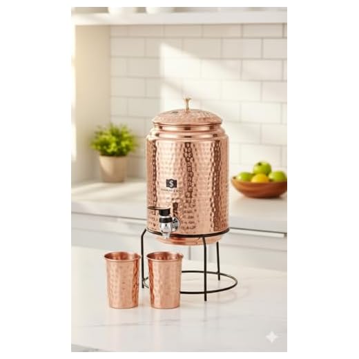 SHANKAR & SONS 5 Litre Copper Water Dispenser with Stand and 2 Glasses | BPA Free, Non-Toxic | Hammered Texture, Rustproof & Durable | with Added Health Benefits of Copper