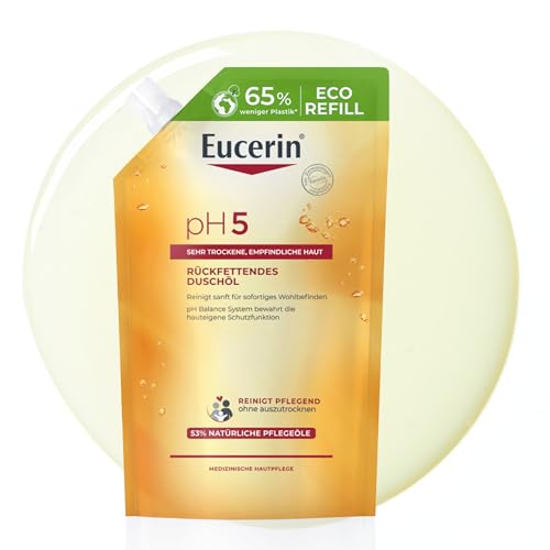 Eucerin pH5 Rückfettendes Duschöl Nachfüllbeutel 400 ml, seifenfreies Duschgel für sehr trockene und empfindliche Haut, für die tägliche Hautpflege mit natürlichen Ölen