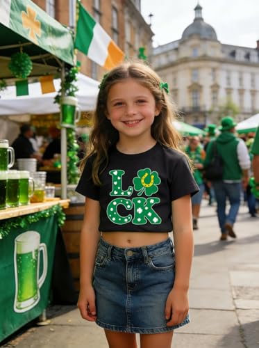 Image of Girls Crop Tops St Patricks Day T-Shirts Lucky Clover Short Sleeve Shirts Kids Shamrock Tees 5-14 Years