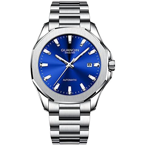 GUANQIN Men Japan Automatic Mechanical Movement Luminous Stainless Steel Wrist Watch Sapphire Crystal Waterproof Self-Winding Clock Calendar (Silver Blue) Cover