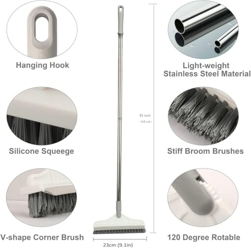 Image of Grout Scrape 2 in 1 Floor Scrub Brush With Long Handle - V-Shape Cleaning Brush With Stiff Bristles and Squeegee - 120 Rotating Tile Brush for Bathroom, Glass, Patio, Kitchen, Wall