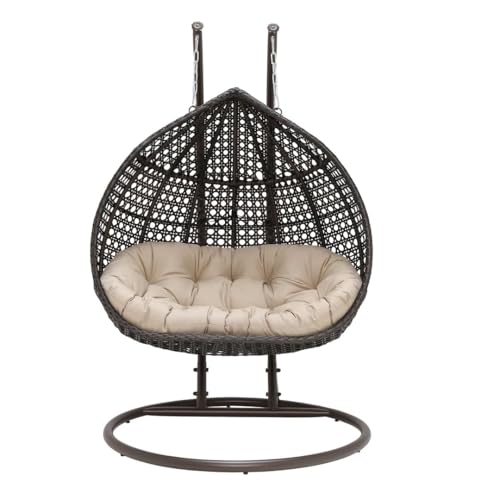 Image of Double Seater Hammock Swing Chair with Stand & Cushion | Heavy Duty Powder Coated Steel Frame | Outdoor Indoor Hanging Swing for Patio Balcony Garden Terrace Living Room (Brown-Light.BEDGE)