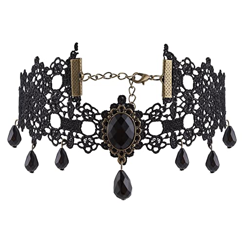 Yolev Choker Schwarze Spitze Gothic Steampunk Halskette Choker Halsband mit Kristallen Vampir Kette Frauen und Mädchen Vampir Accessoire Cosplay Schmuck Party Vintage Kostüme Damen