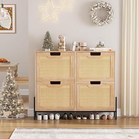 TrailBlaze Natural Rattan Shoe Cabinet, 4 Flip Door Shoes Storage Cabinet, Modern Freestanding Shoe Organizer with 8 Adjustable Shelves for Hallway, Entryway, Oak Cover