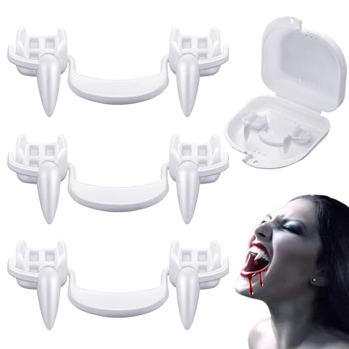 Dentes de vampiro de Halloween, 3 pares de dentes de vampiro, presas de vampiro, presas de vampiro e zombi retráteis, reutilizáveis, assustadores, acessórios de terror para o Halloween