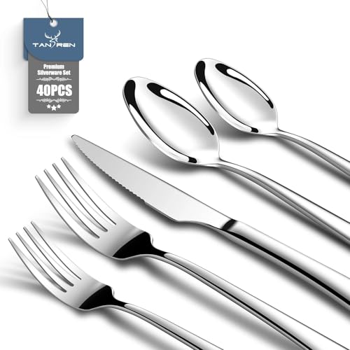 TAN REN Edelstahl Besteck Set 8 Personen, 40-Teiliges Besteckset mit Steakmesser, Elegantes Essbesteck mit Messer Gabel Löffel Set, Cutlery Set für...