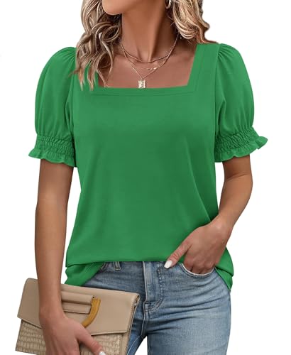 ATHMILE Square Neck Tops for Women Trendy Summer Cute Dressy Casual Ruffle Trim Sleeve Tshirts Fashion Clothes 2026 Green