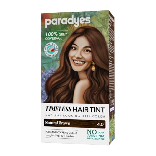 Paradyes Natural Brown Timeless Hair Tint, Permanent Crème Hair Colour for Natural-Looking Results, Complete Grey Coverage, Long-Lasting Formula Free from PPD, Ammonia, & Resorcinol, 4.0