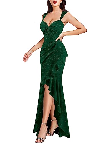 Image of VFSHOW Womens Glitter Sweetheart V Neck Twist Front Backless Ruched Ruffle Slit Formal Evening Gown Maxi Dress