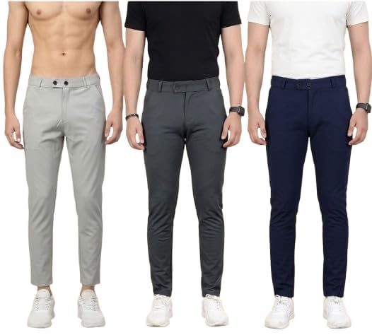 Image of Men Slim Fit Formal Trousers | Stylish Ankle Length Stretchable Office Pants | Men's Comfortable Slim Fit Trousers Combo Pack of 3