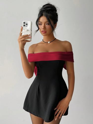 Image of SOLY HUX Women's Bow Off the Shoulder A Line Wedding Guest Mini Dress