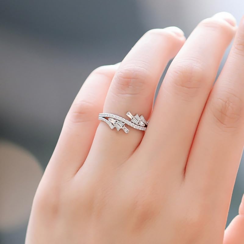 ENDLESSNESS & ETERNITY Twisted Half Eternity Cubic Zirconia CZs Emerald Cut Ring 14K White Gold Plated Wedding Band Ring - Image 5