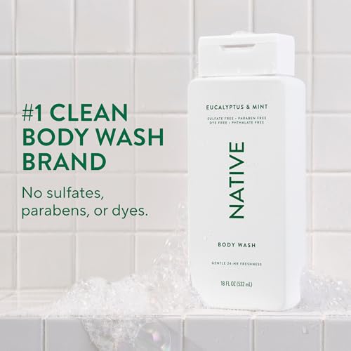 Image of Native Clean Body Wash, Gentle & pH-balanced for Sensitive Skin, 24-Hr Freshness for Women & Men, Vegan & Cruelty-Free, Free of Sulfates, Parabens & Phthalates, Eucalyptus & Mint, 18fl oz