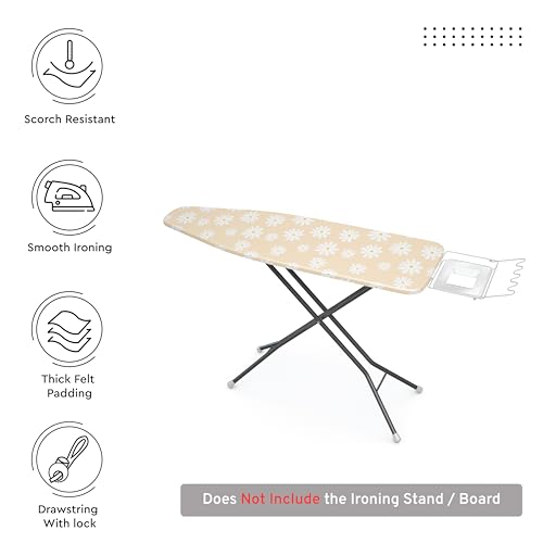 Image of Encasa XO Homes Ironing Board Cover With 3Mm Thick Felt Pad For Steam Press(Fits Standard Large Boards Of 125X39 Cm)Heat Reflective,Scorch&Stain Resistant,Printed-Daisy Beige
