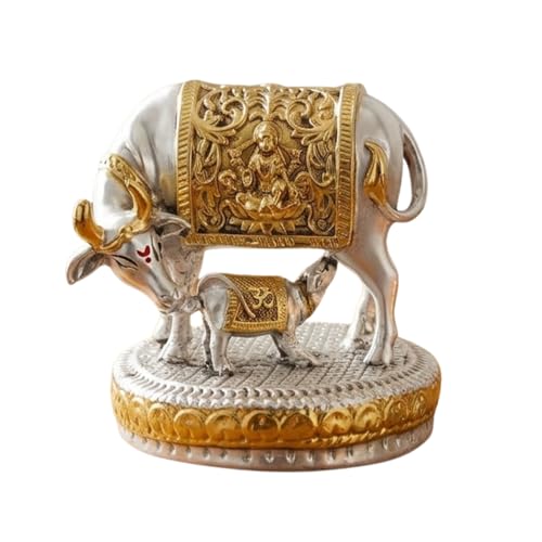Image of eCraftIndia Silver Golden Plated Kamdhenu Cow with Calf Idol | Auspicious Vastu Home Decor for Pooja Room and Mandir | Cow and Calf Statue Gift for Diwali Krishna Janmashtami Housewarming Birthday